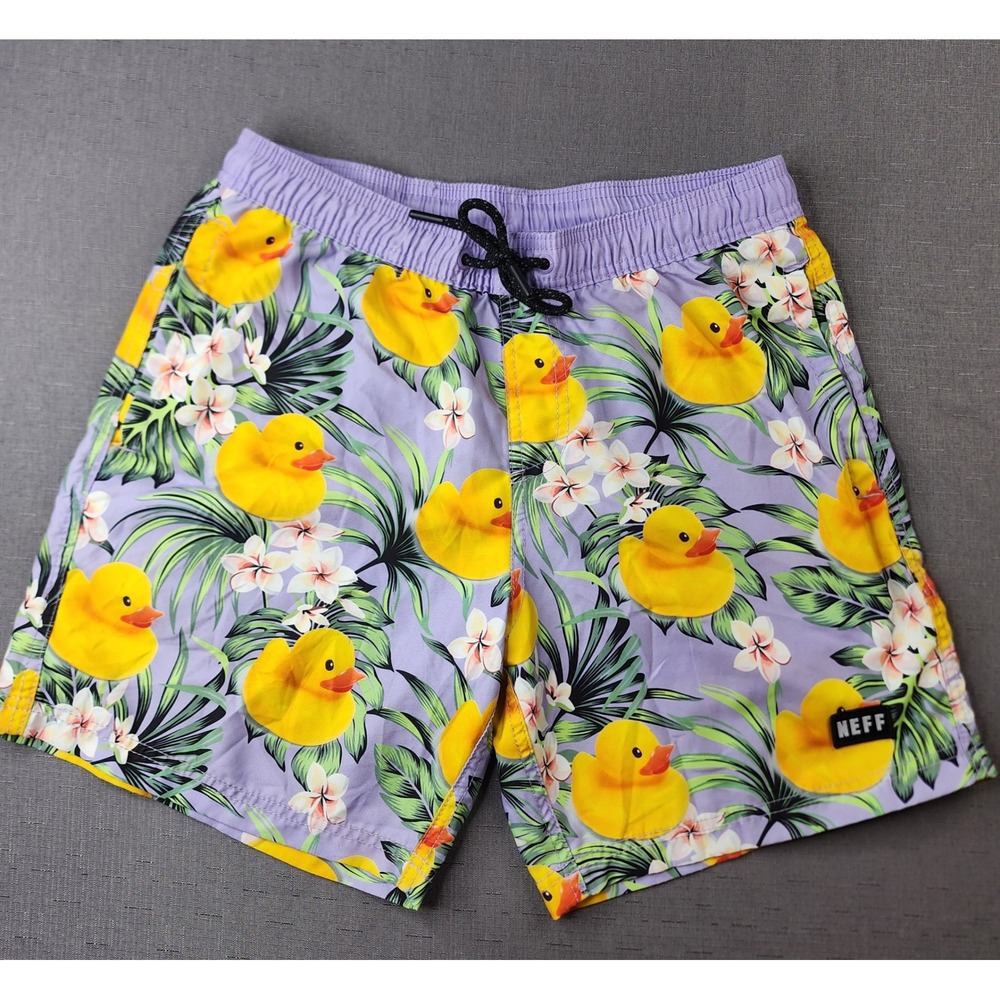Neff Mens Rubber Duckie Swim Shorts Purple Tropical Floral Trunks Size L